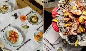 Festliches Meeresfrüchte-Platter mit Hummer, Austern und Garnelen, serviert auf Eis. Daneben ein Tisch im La Coupole Paris mit Lachs und Cocktails.