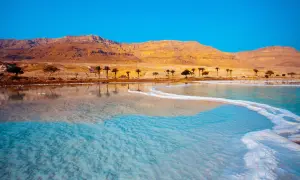 Das Tote Meer, wo die Berge auf das salzige Wasser treffen. Palmen säumen die Küste.