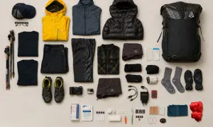Packliste Wandern Mehrtagestour: Rucksack, Jacken, Hosen, Shirts, Schuhe, Wanderstöcke, Kamera, Erste-Hilfe-Set, Socken, Handschuhe, Mütze, Brille und weitere Ausrüstung.