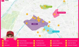 Karte von Paris mit markierten Sehenswürdigkeiten und Stadtteilen. Entdecke die Vielfalt der Pariser Stadtteile!