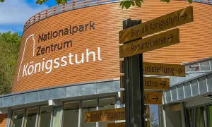 Wegweiser am Nationalpark Jasmund Zentrum Königsstuhl. Hier parken und den Skywalk, die Romantikwiese oder die Ausstellung erkunden.