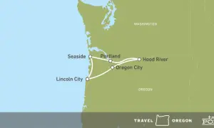 Karte zeigt eine Route für einen Oregon Road Trip von der Küste (Seaside, Lincoln City) über Portland nach Hood River.