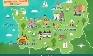 Karte der Normandie mit Sehenswürdigkeiten wie Mont Saint Michel, Bayeux, Caen, Deauville, Étretat und Rouen. Perfekt für einen Normandie Roadtrip!