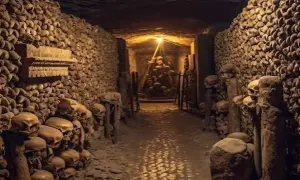 Ein Gang in den Katakomben von Paris, gesäumt von menschlichen Knochen und Schädeln, die zu kunstvollen Mustern arrangiert sind. Ein Lichtstrahl fällt auf einen Schädelstapel.
