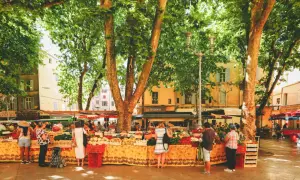 Bunter Markt in Aix-en-Provence unter schattigen Bäumen. Menschen kaufen frisches Obst und Gemüse an Ständen mit provenzalischen Stoffen.