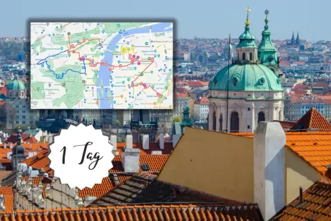 Prag an einem Tag: Eine Karte zeigt die Route zu den Sehenswürdigkeiten, die man in Prag gesehen haben muss, mit Kirchtürmen im Vordergrund.