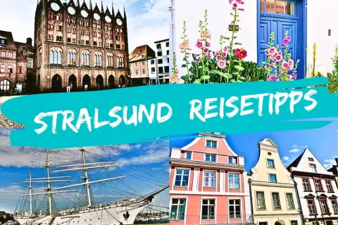 Entdecke Stralsund: Ein Segelschiff, bunte Häuser und das Rathaus. Hier sind deine Stralsund Geheimtipps für eine unvergessliche Reise!