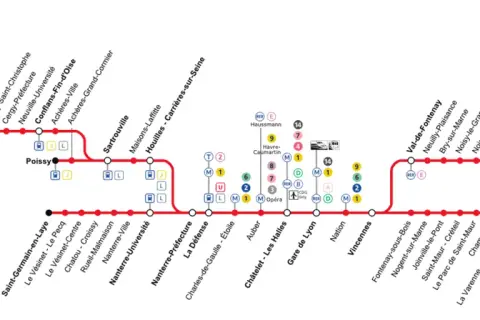 Der RER A in Paris verbindet viele Vororte mit dem Zentrum. Hier ist die Streckenübersicht.