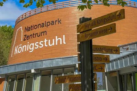 Wegweiser am Nationalpark Jasmund Zentrum Königsstuhl. Hier parken und den Skywalk, die Romantikwiese oder die Ausstellung erkunden.