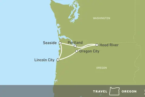 Karte zeigt eine Route für einen Oregon Road Trip von der Küste (Seaside, Lincoln City) über Portland nach Hood River.