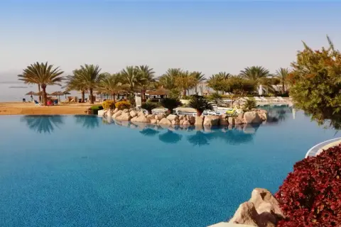 Ein Infinity-Pool mit Blick auf das jordanische Meer, Palmen und einen Sandstrand.