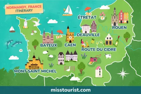 Karte der Normandie mit Sehenswürdigkeiten wie Mont Saint Michel, Bayeux, Caen, Deauville, Étretat und Rouen. Perfekt für einen Normandie Roadtrip!