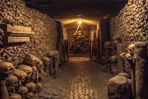 Ein Gang in den Katakomben von Paris, gesäumt von menschlichen Knochen und Schädeln, die zu kunstvollen Mustern arrangiert sind. Ein Lichtstrahl fällt auf einen Schädelstapel.