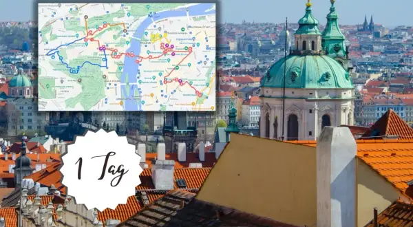 Prag an einem Tag: Eine Karte zeigt die Route zu den Sehenswürdigkeiten, die man in Prag gesehen haben muss, mit Kirchtürmen im Vordergrund.