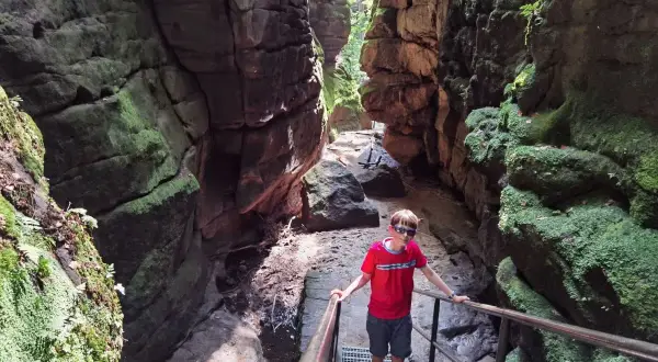 Junge steht auf Treppe im **Uttewalder Grund**, umgeben von moosbewachsenen Felsen.