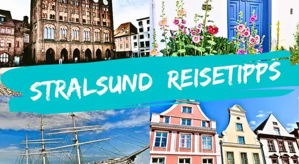 Entdecke Stralsund: Ein Segelschiff, bunte Häuser und das Rathaus. Hier sind deine Stralsund Geheimtipps für eine unvergessliche Reise!