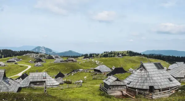 Idyllische Holzhütten auf grünen Hügeln, ein malerischer Ort für eine Velika Planina Wanderung. Berge im Hintergrund.