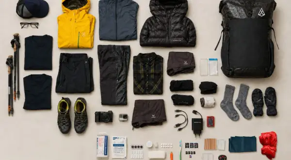 Packliste Wandern Mehrtagestour: Rucksack, Jacken, Hosen, Shirts, Schuhe, Wanderstöcke, Kamera, Erste-Hilfe-Set, Socken, Handschuhe, Mütze, Brille und weitere Ausrüstung.
