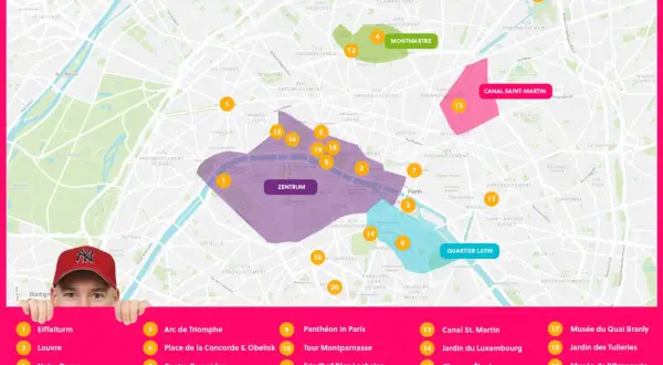 Karte von Paris mit markierten Sehenswürdigkeiten und Stadtteilen. Entdecke die Vielfalt der Pariser Stadtteile!
