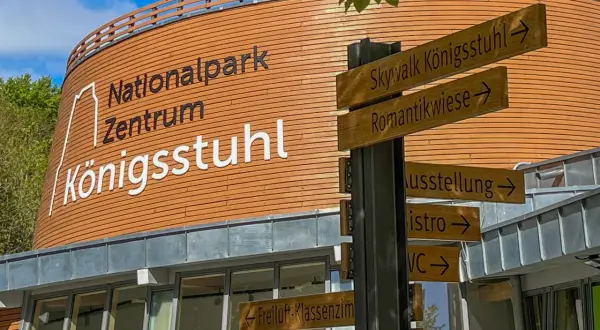 Wegweiser am Nationalpark Jasmund Zentrum Königsstuhl. Hier parken und den Skywalk, die Romantikwiese oder die Ausstellung erkunden.