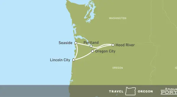 Karte zeigt eine Route für einen Oregon Road Trip von der Küste (Seaside, Lincoln City) über Portland nach Hood River.