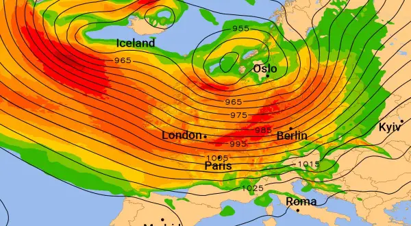 Wetterkarte zeigt Tiefdruckgebiet über Island mit roten und orangen Farbtönen. Isolinien zeigen niedrigen Luftdruck.