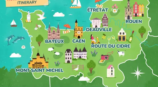 Karte der Normandie mit Sehenswürdigkeiten wie Mont Saint Michel, Bayeux, Caen, Deauville, Étretat und Rouen. Perfekt für einen Normandie Roadtrip!