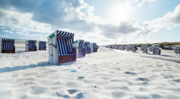 Strandkörbe auf einer autofreien ostfriesischen Insel. Sonnenschein und Wolken über dem weißen Sand.