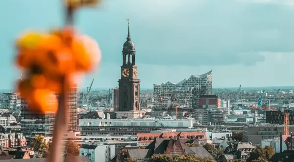 Blick auf Hamburg sehenswertes: Kirchturm St. Michaelis und Elbphilharmonie vor bewölktem Himmel. Im Vordergrund unscharfe orangefarbene Blüten.