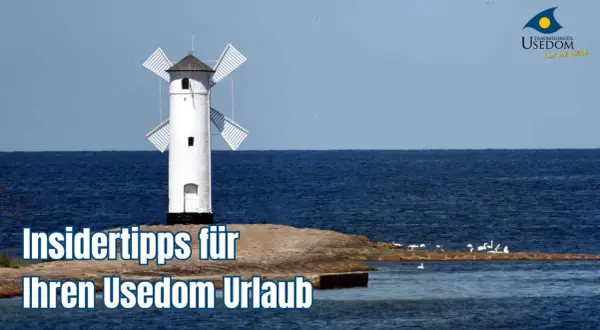 Insidertipps für Ihren Usedom Urlaub: Ein weißer Leuchtturm ragt aus dem Meer, während Möwen auf einer Mole landen.