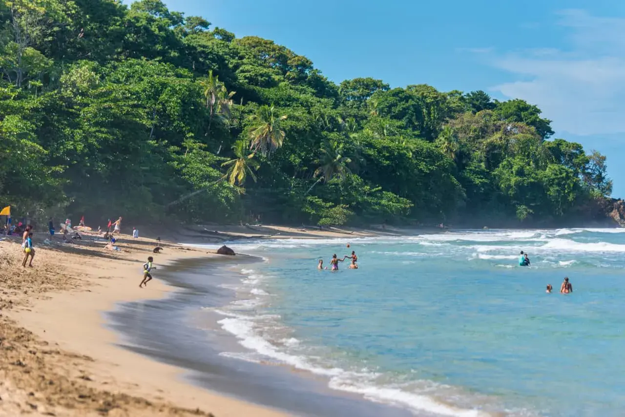 Menschen genießen den sonnigen **puerto viejo strand** mit üppiger Vegetation im Hintergrund und sanften Wellen.