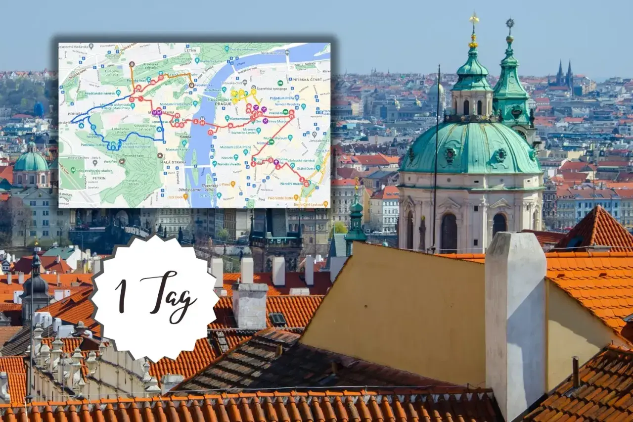 Prag an einem Tag: Eine Karte zeigt die Route zu den Sehenswürdigkeiten, die man in Prag gesehen haben muss, mit Kirchtürmen im Vordergrund.