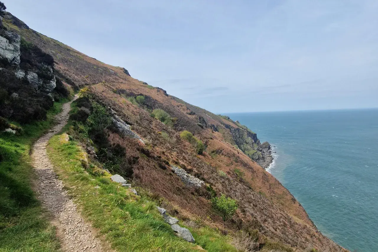 Steiler Küstenpfad mit Blick auf das Meer. Ein Pfad, der zu unvergesslichen south west coast path erfahrungen einlädt.