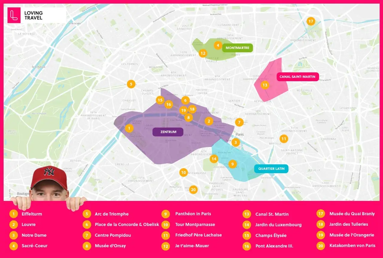 Karte von Paris mit markierten Sehenswürdigkeiten und Stadtteilen. Entdecke die Vielfalt der Pariser Stadtteile!
