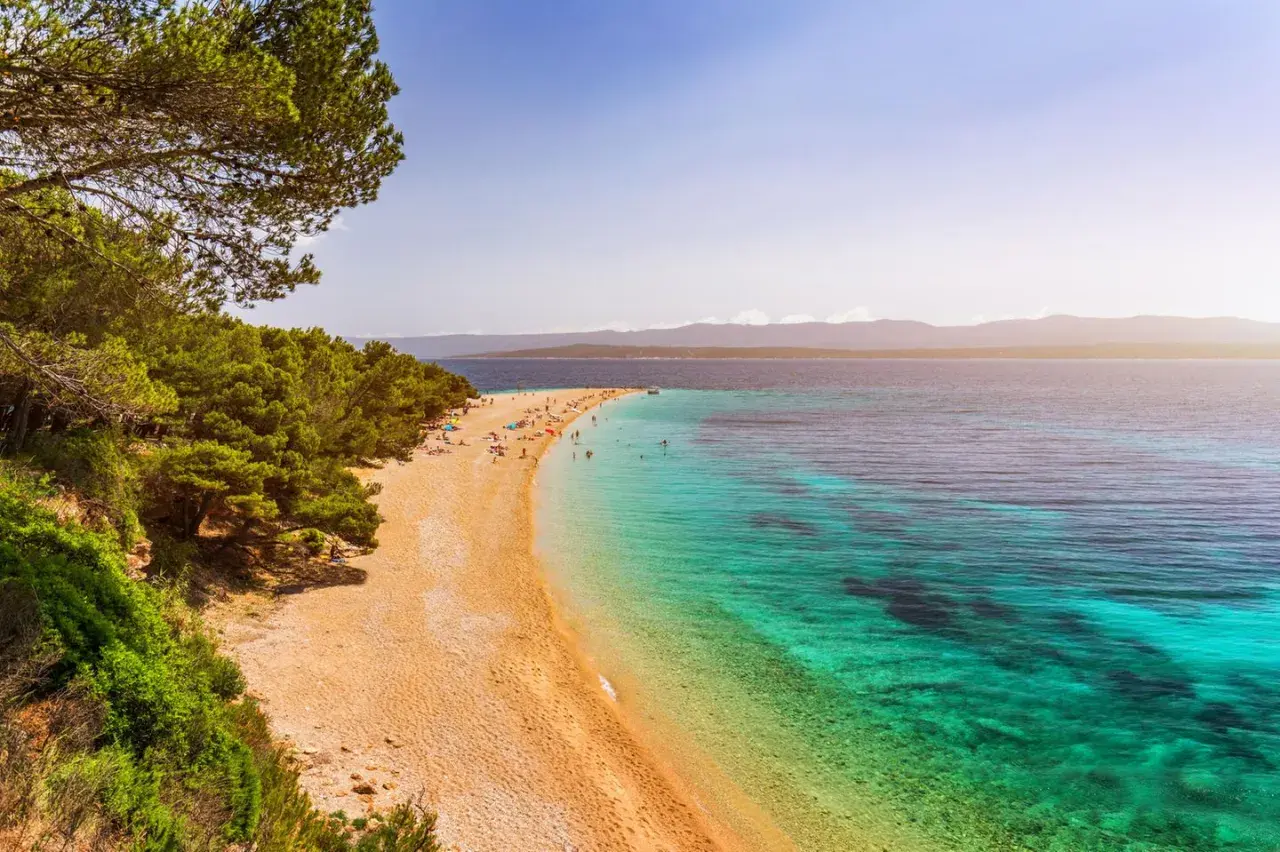 Traumhafter Strand auf einer kroatischen Insel mit Pinienwald und türkisfarbenem Wasser.