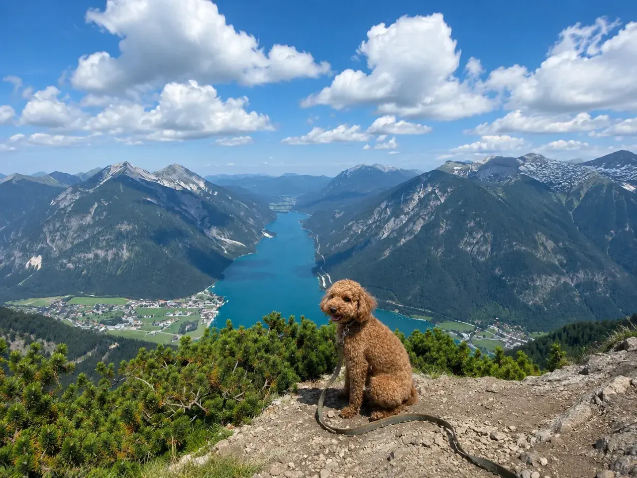 Ein brauner Pudel sitzt auf einem Felsvorsprung mit Blick auf den türkisfarbenen Achensee und die majestätischen Achensee Berge.