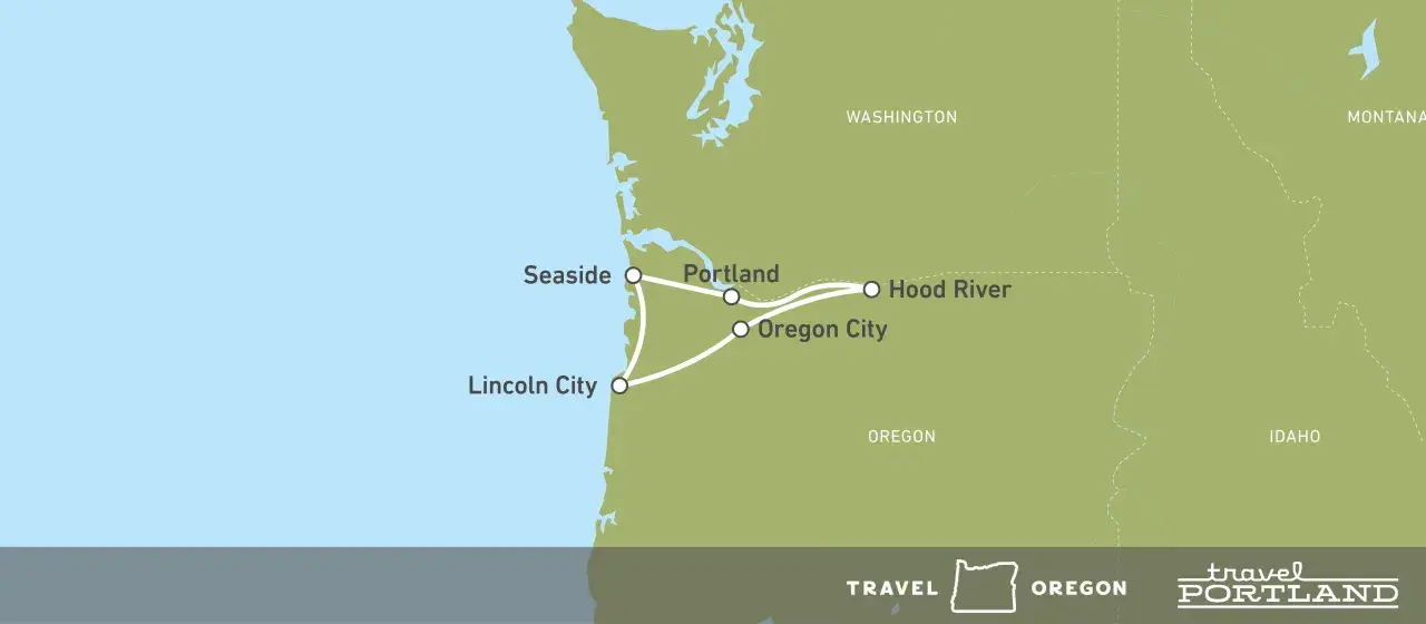 Karte zeigt eine Route für einen Oregon Road Trip von der Küste (Seaside, Lincoln City) über Portland nach Hood River.