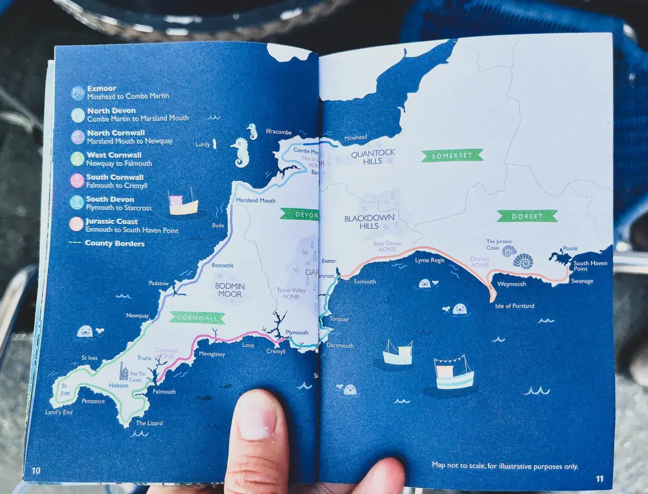 Karte der South West Coast Path Etappen von Exmoor bis zur Jurassic Coast. Zeigt Cornwall, Devon, Somerset und Dorset.