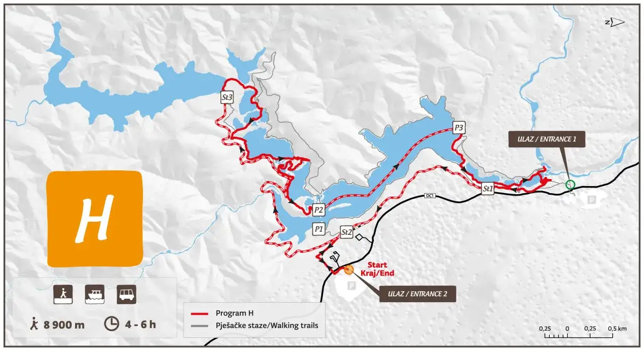 Karte der Plitvicer Seen mit Wanderwegen. Programm H startet bei Eingang 2, 8900m, 4-6h. Welcher Eingang am besten ist, h&auml;ngt von der Route ab.