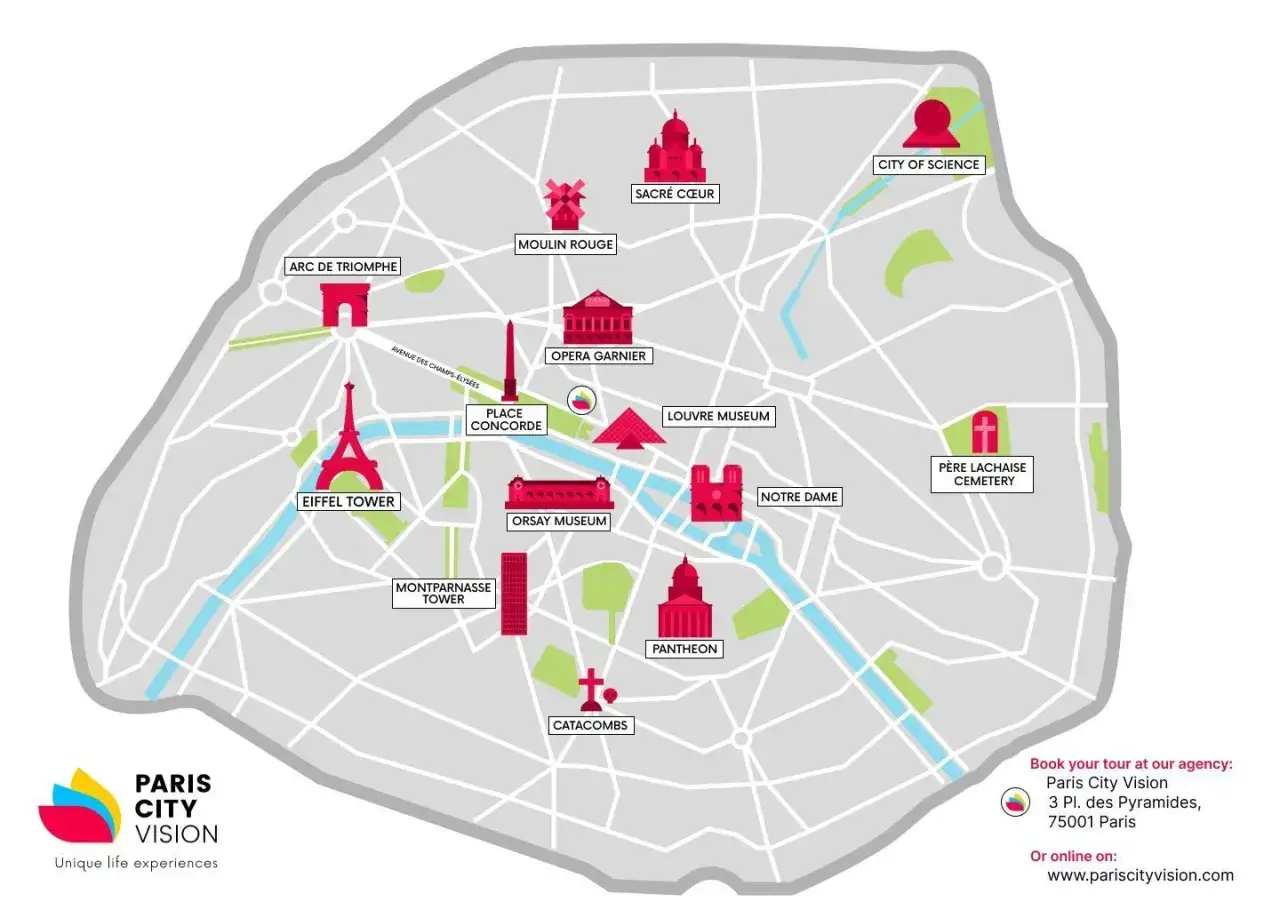 Karte von Paris mit Sehensw&uuml;rdigkeiten wie Eiffelturm, Louvre, Notre Dame. Perfekt f&uuml;r Ihren Wochenendtrip nach Paris!