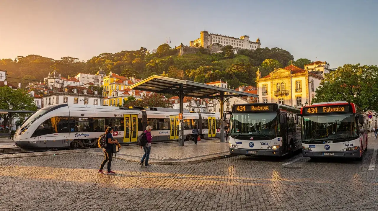 Sintra: Zug und Busse am Bahnhof, im Hintergrund das Schloss. Ein guter Ort für den Sintra parking.