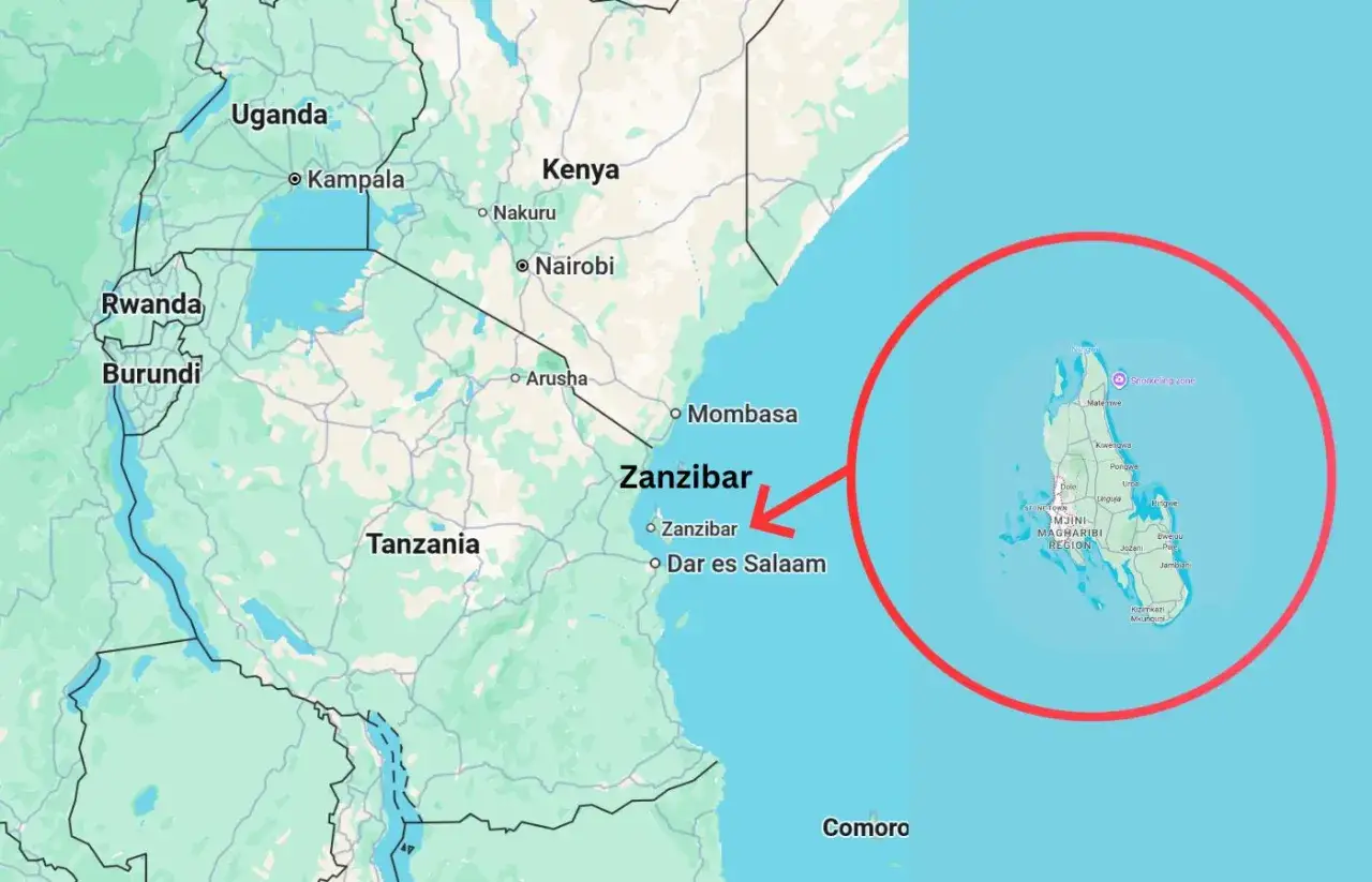 Karte zeigt Ostafrika. Ein Pfeil markiert Zanzibar, eine Insel vor Tansanias Küste. Hier liegt das Paradies!