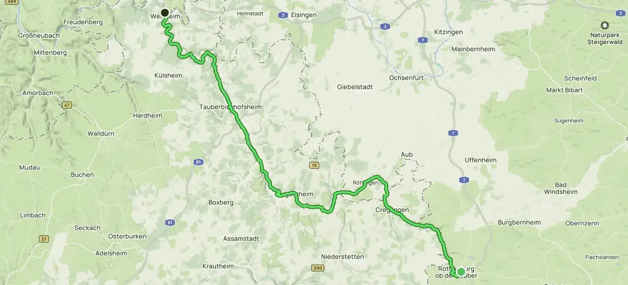 Die Karte zeigt, wo das Taubertal liegt, mit einer gr&uuml;nen Linie, die den Verlauf des Flusses von Wertheim bis Rothenburg ob der Tauber markiert.