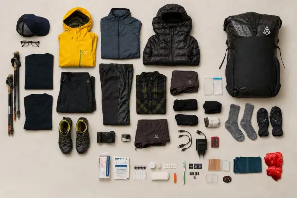 Packliste Wandern Mehrtagestour: Rucksack, Jacken, Hosen, Shirts, Schuhe, Wanderstöcke, Kamera, Erste-Hilfe-Set, Socken, Handschuhe, Mütze, Brille und weitere Ausrüstung.