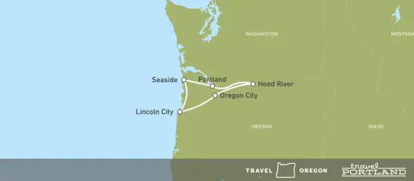 Karte zeigt eine Route für einen Oregon Road Trip von der Küste (Seaside, Lincoln City) über Portland nach Hood River.